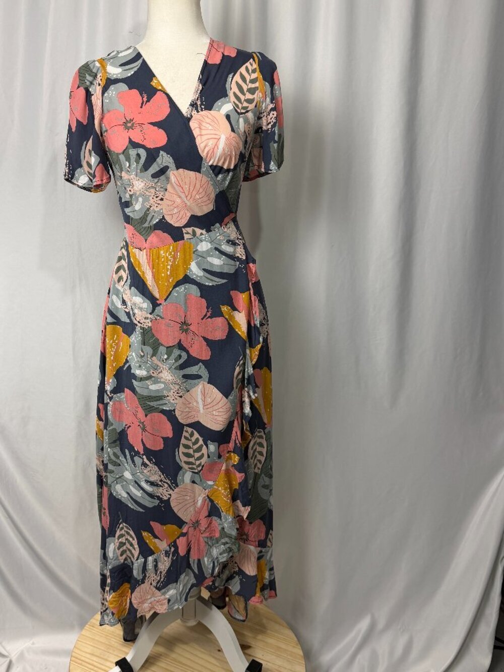 NWT Polagram Navy Floral Wrap Maxi Dress Short Sleeve Sz S